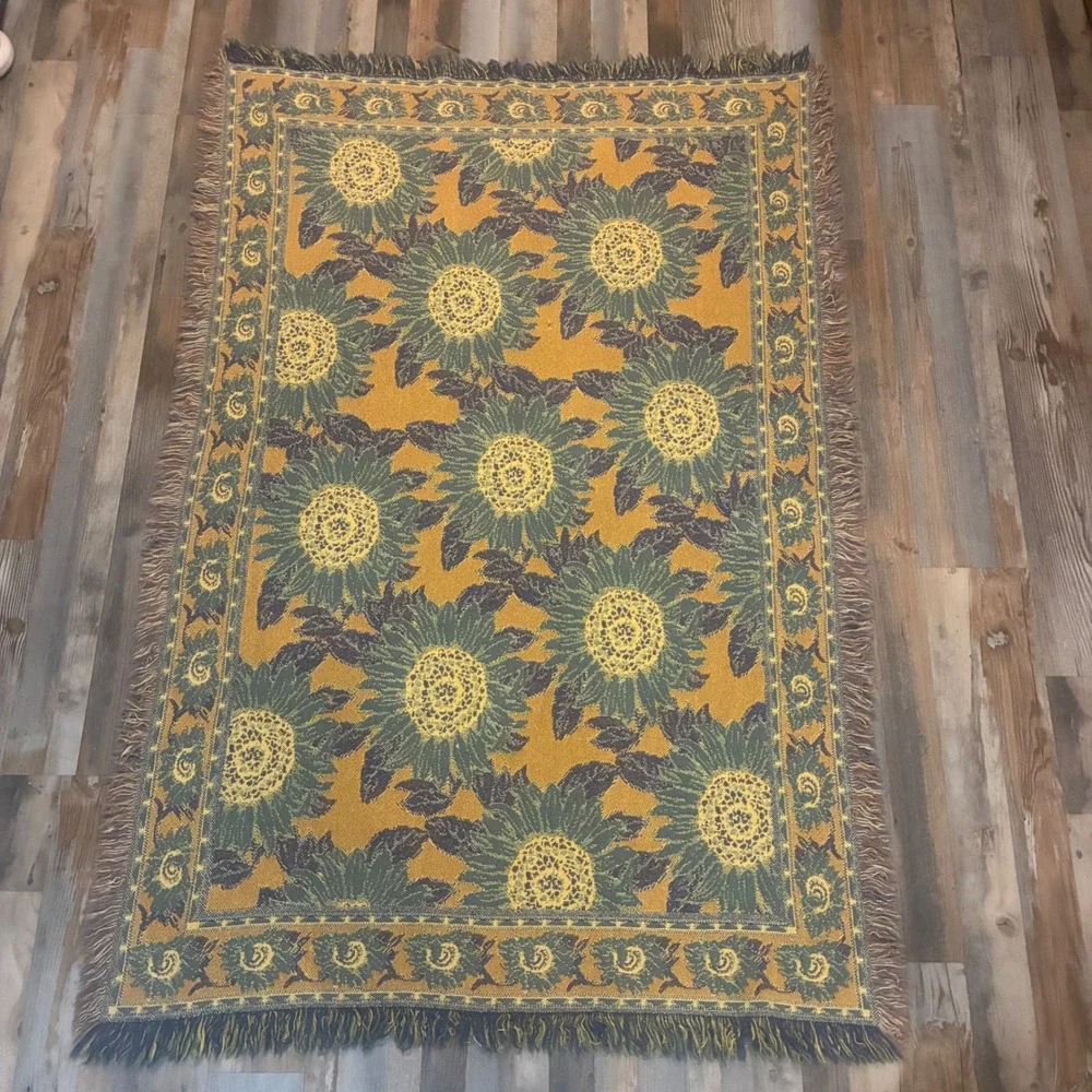 Vintage Woven Sunflower Tapestry Throw Blanket Fringed Boho Navy Gold Floral
